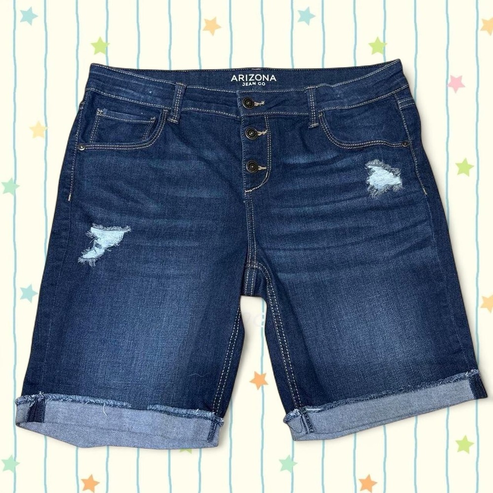 Arizona navy blue denim shorts with distressed details and adjustable waist